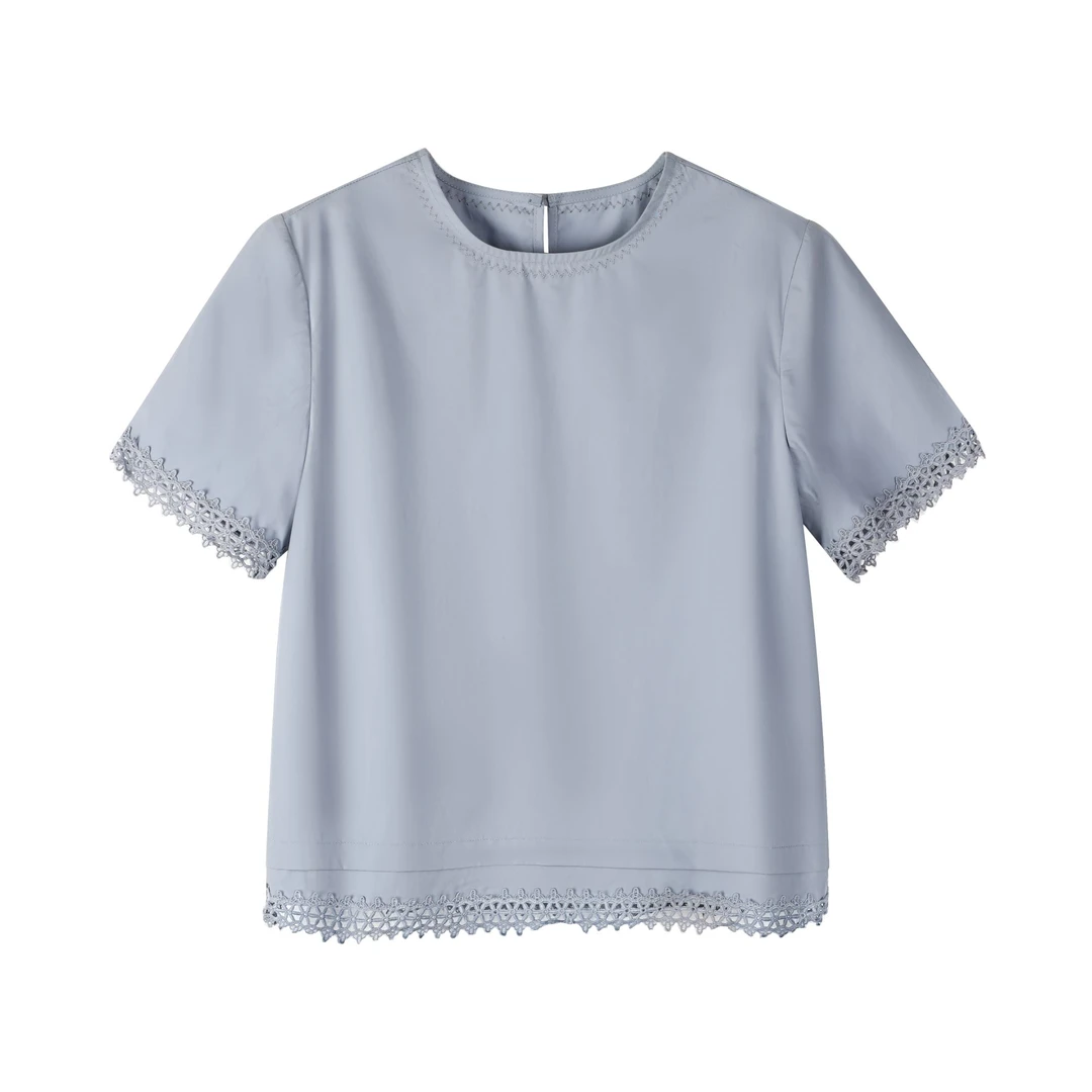 【EI订单】简约文艺纯色镂空蕾丝花边圆领纯棉短袖T恤上衣0104