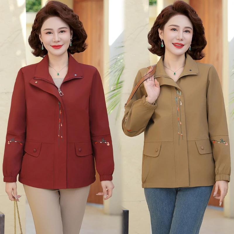 中老年女春装翻领减龄风衣时尚妈妈春装外套2025新款洋气夹克上衣