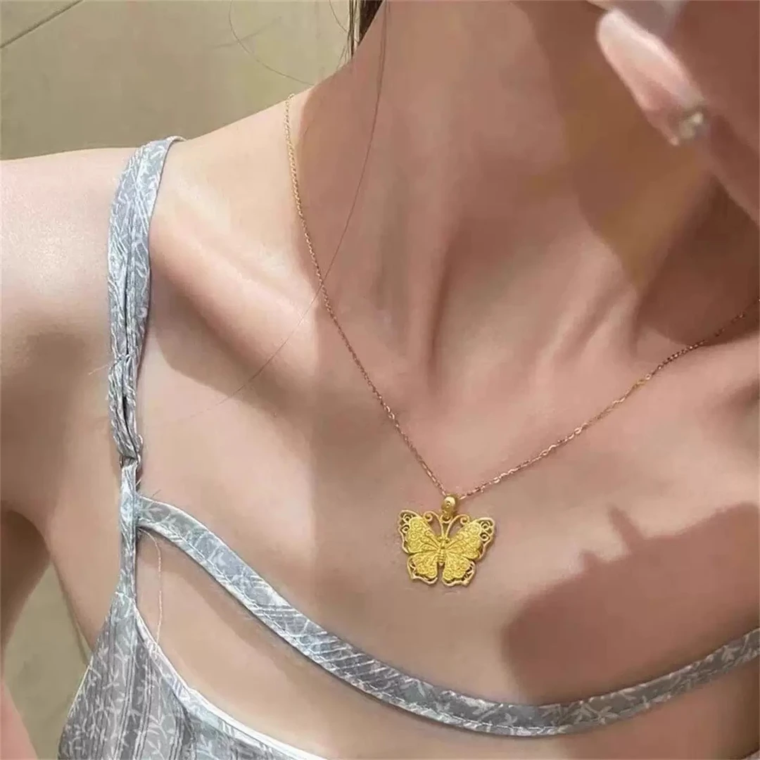 铜合金项链 铜合金蝴蝶项链饰品锁骨链花丝镂空百搭小众设计新款