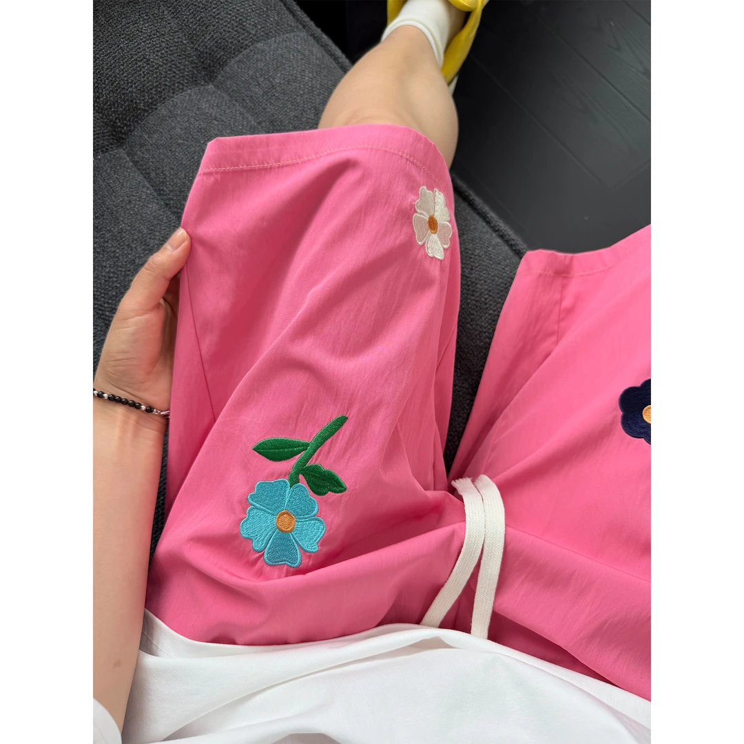 花朵刺绣情侣短裤男夏季薄款松弛感冰丝速干沙滩裤休闲运动五分裤