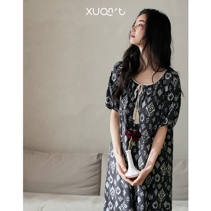 轩之婷睡裙女夏天莫代尔棉短袖凉感冰丝可外穿长款睡衣连衣裙夏季