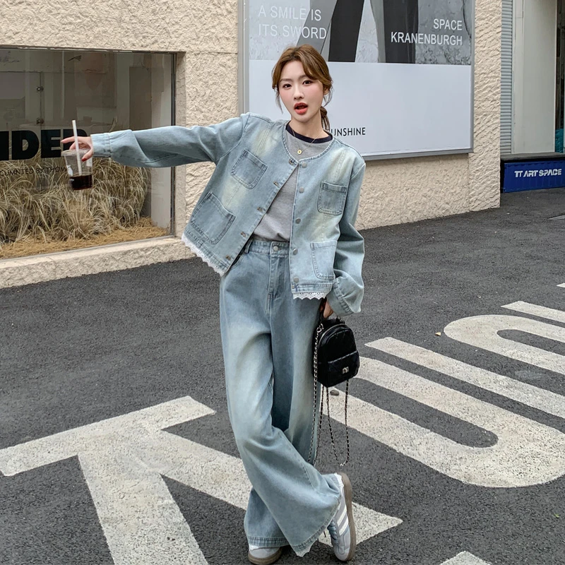 重工水洗牛仔镶花边套装裤2025春秋新款复古港风甜酷松弛感两件套