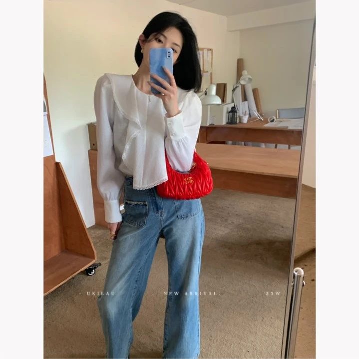 UKILAU映露白 法式别致雪纺衫女春季荷叶边圆领设计感小众上衣