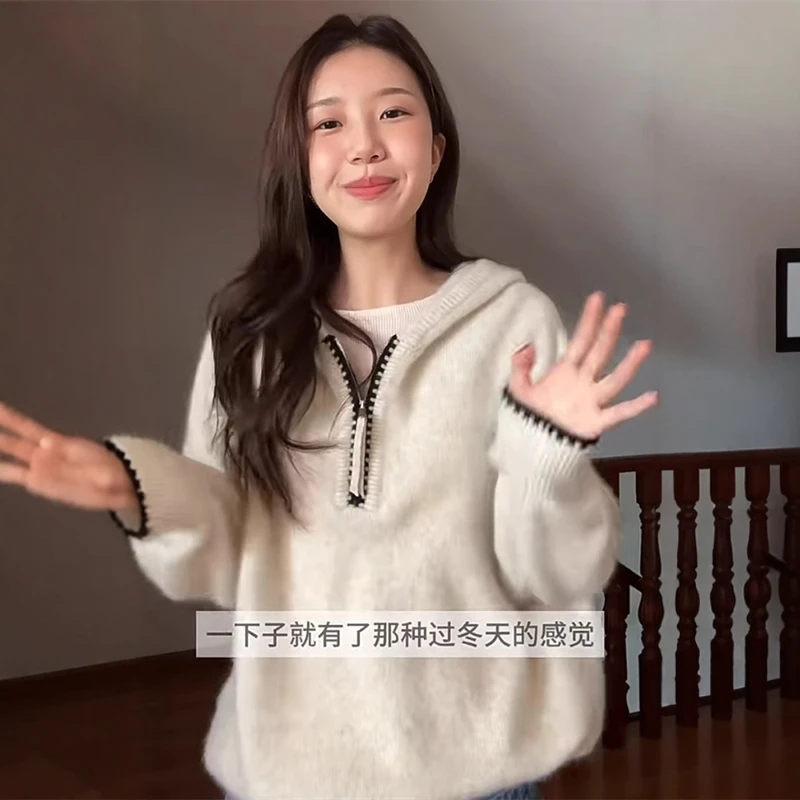 设计感半拉链连帽毛衣女秋冬加厚慵懒风软糯针织衫卫衣高级感上衣