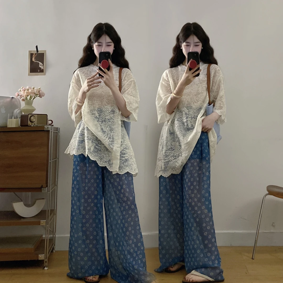 设计感蕾丝镂空上衣薄款阔腿裤两件套女夏大码时尚气质显瘦套装裤