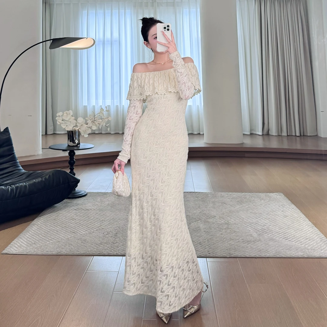 利祯新款【玫瑰故事】法式复古一字肩蕾丝气质连衣裙LZ1585