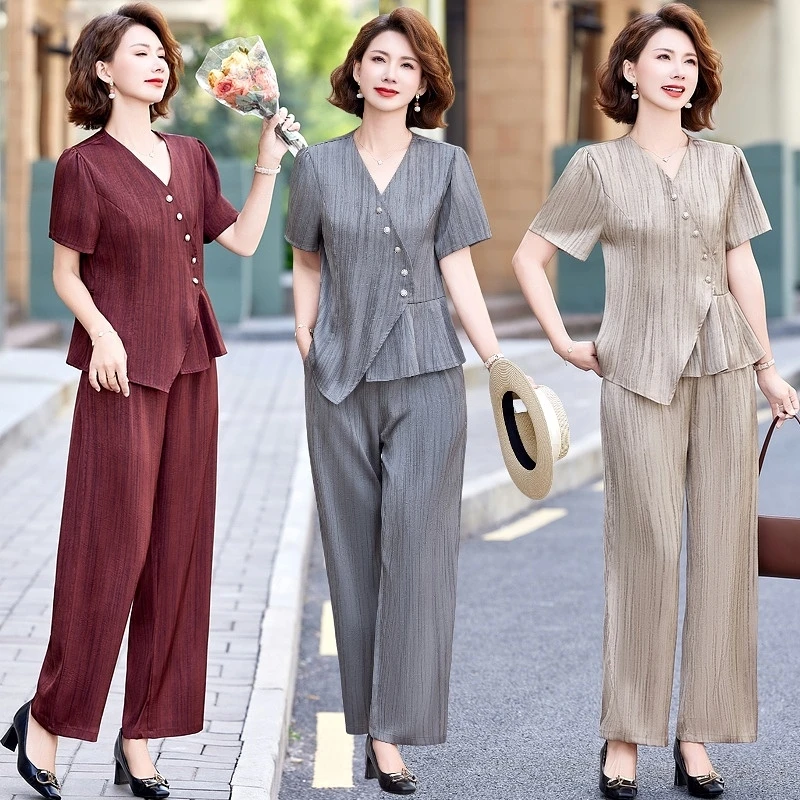 妈妈夏装短袖两件套新款时尚气质高档上衣洋气中老年女装显瘦套装