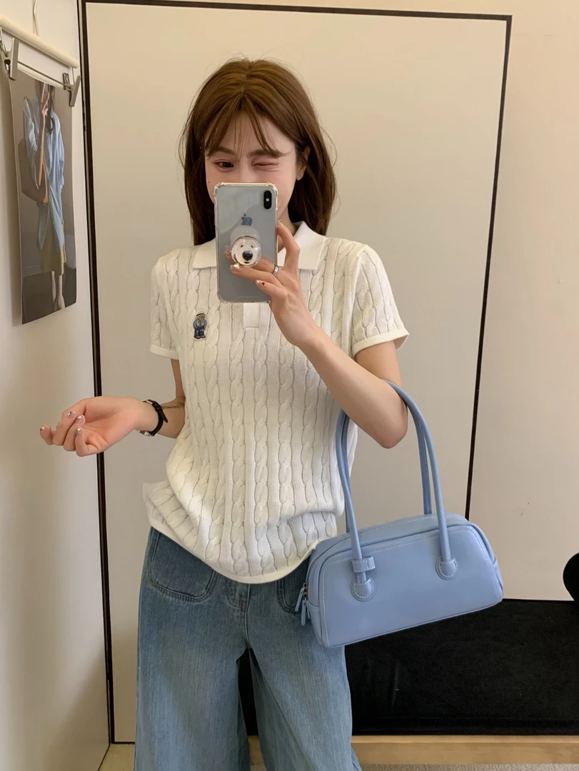 [纯棉针织polo]正肩POLO衫短袖T桖女爆款白色上衣MY101