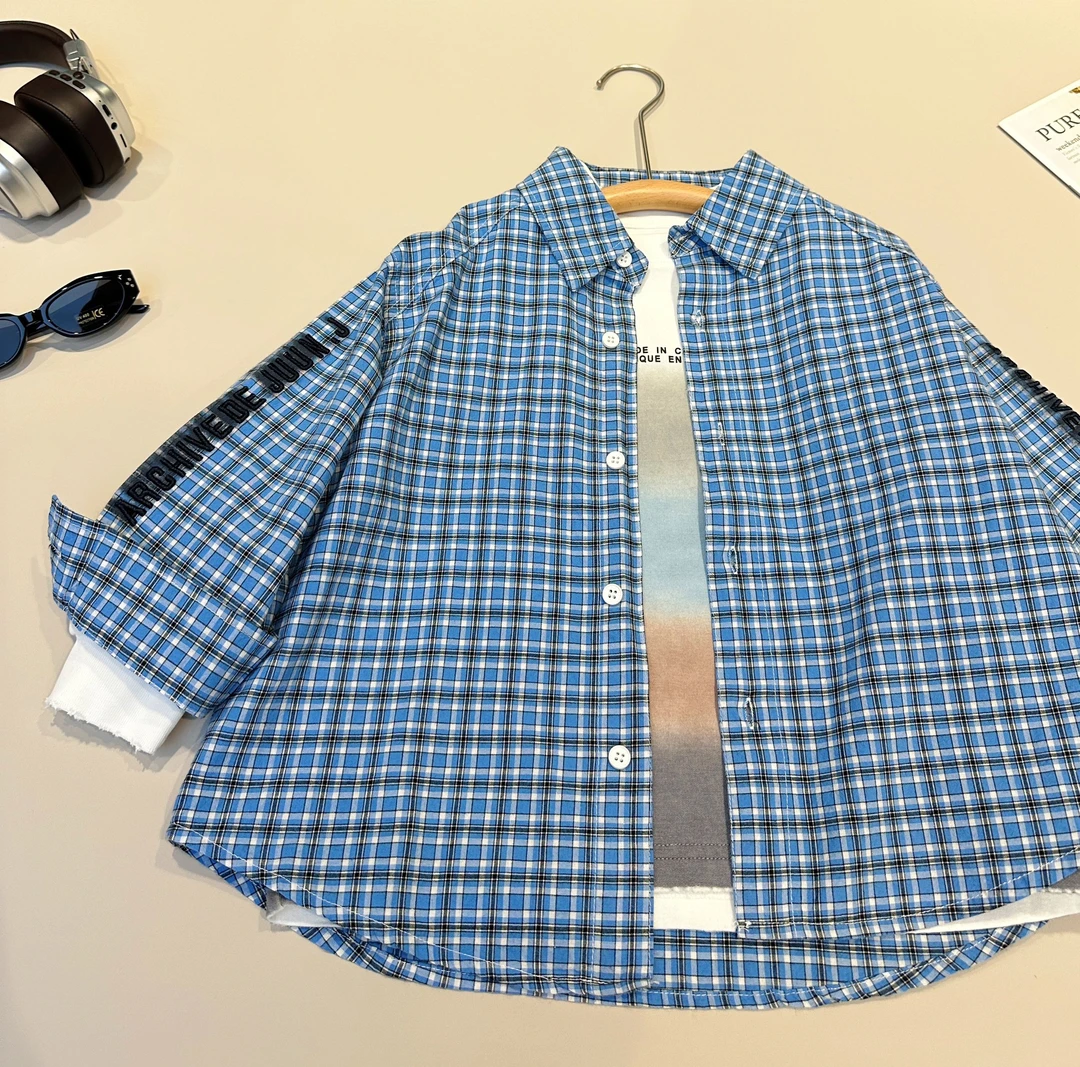 男童中大童休闲翻领尖领格子韩版衬衫春秋通勤风休闲风 25481