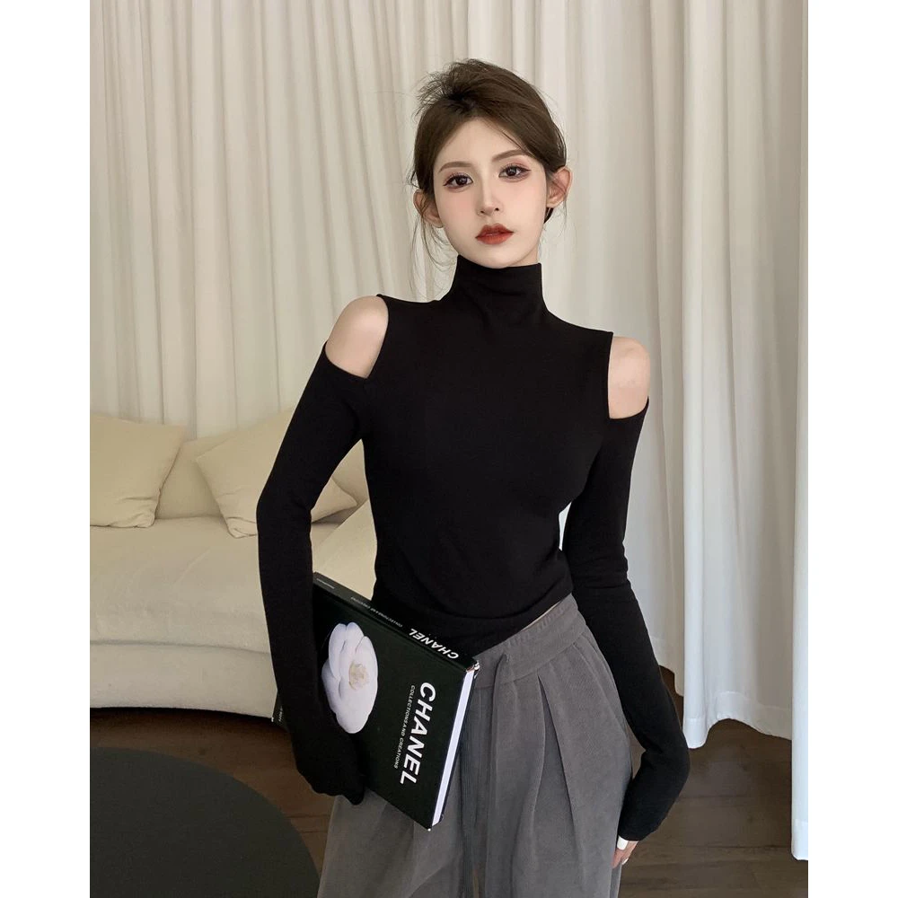 高领新款露肩镂空上衣秋季秋冬辣妹设计短款修身保暖长袖打底t恤