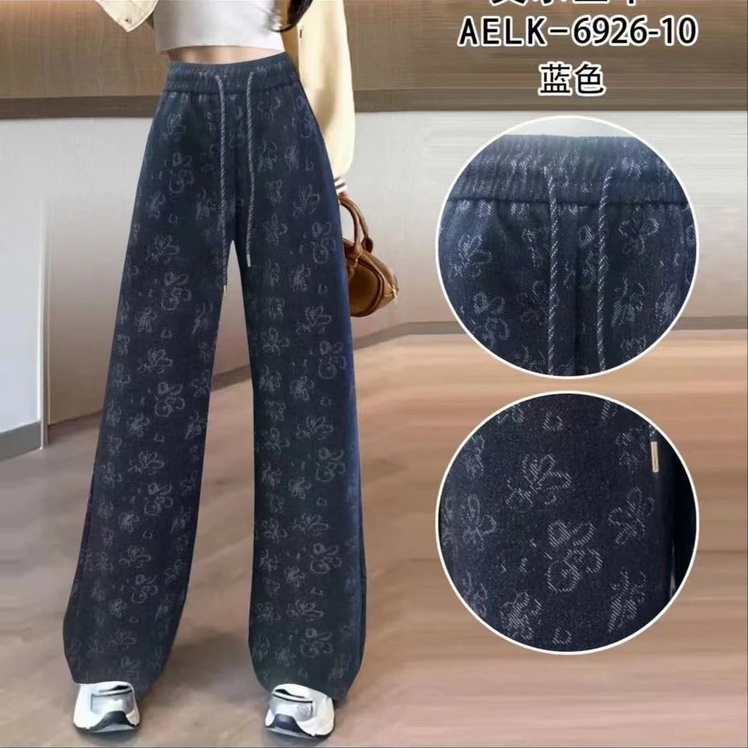 宽松遮肉时尚阔腿裤2025秋冬新款复古显瘦印花高腰休闲抽绳直筒裤