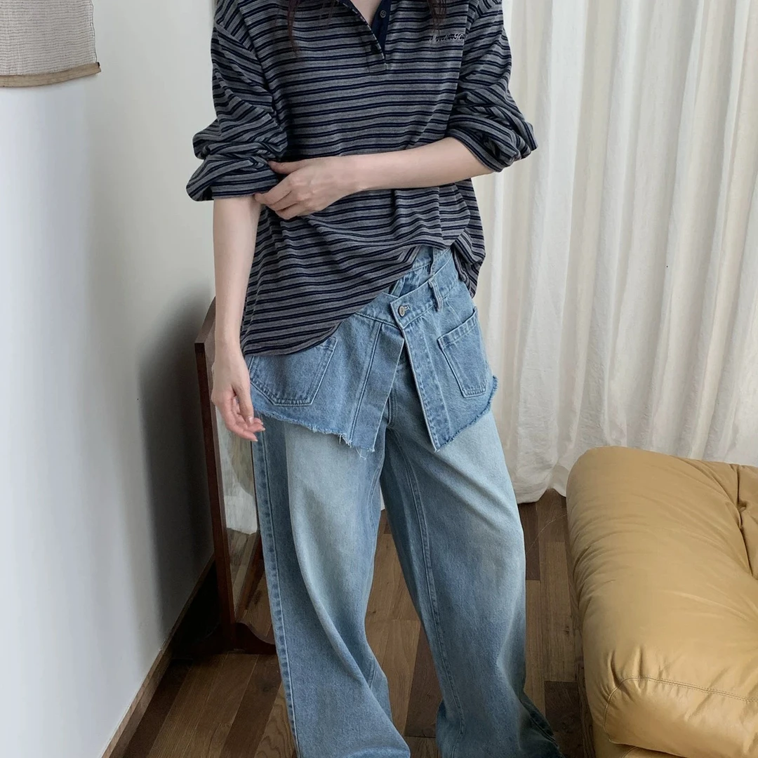【时髦】秋季假两件牛仔裙裤显腿长宽松设计感直筒裤