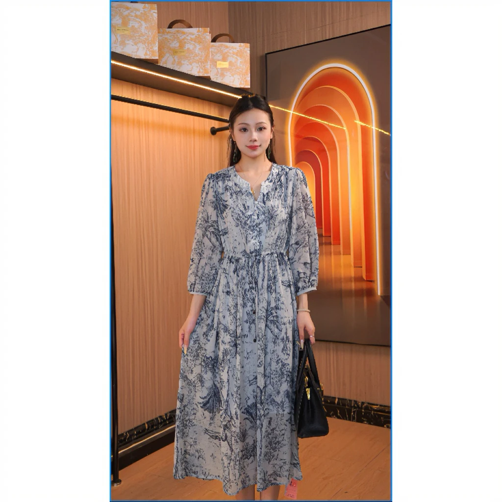 运费补贴（青花韵）2025年蚕丝扎染印花高腰显高显瘦气质连衣裙