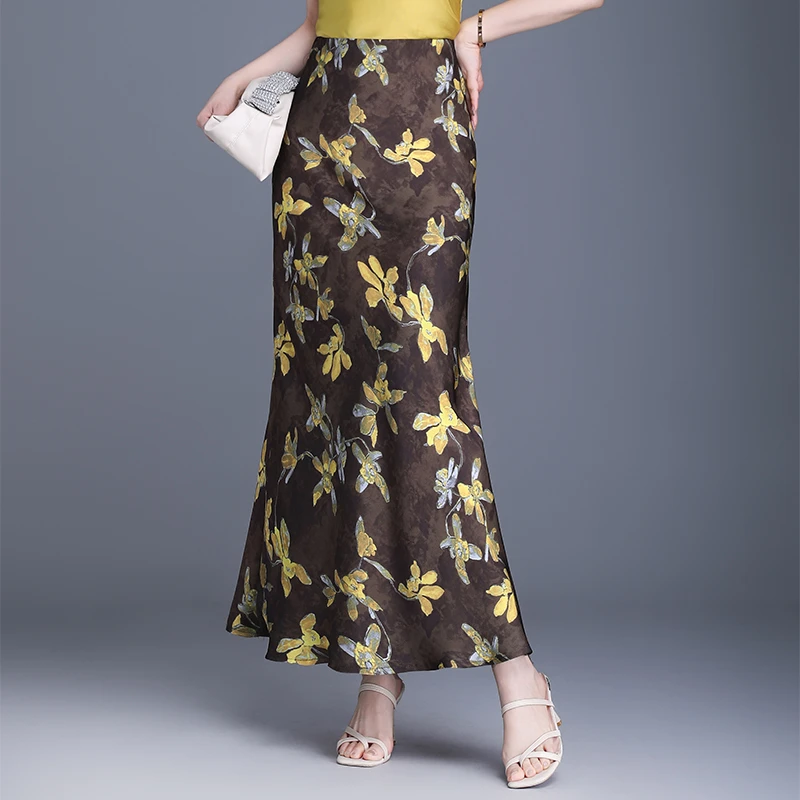 2025春季今年流行别致优雅鱼尾裙印花轻国风冰丝半身裙包臀长裙子