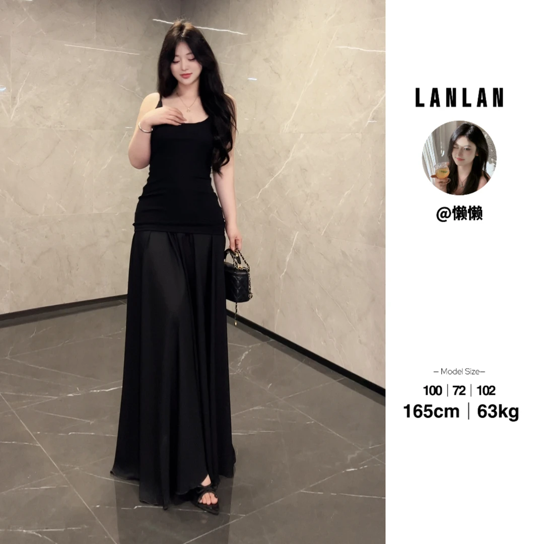 Lanlan-【冰岛慕斯】纯欲网纱拼接吊带连衣裙收腰显瘦黑色长裙开衫