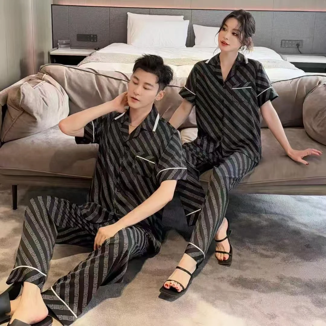 高级感春季薄款冰丝情侣睡衣长袖开衫斜条纹套装CWS家居服