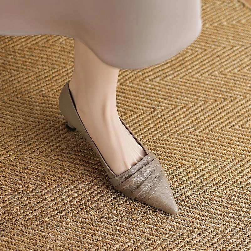 法式浅口细跟高跟鞋真皮一脚蹬褶皱气质通勤工作鞋百搭中跟单鞋女