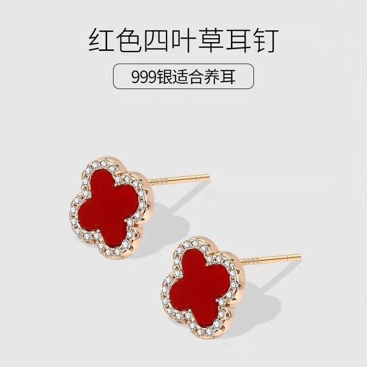 足银玻璃耳饰 玻璃耳饰四叶草耳钉日韩名媛风气质耳环高级感简约