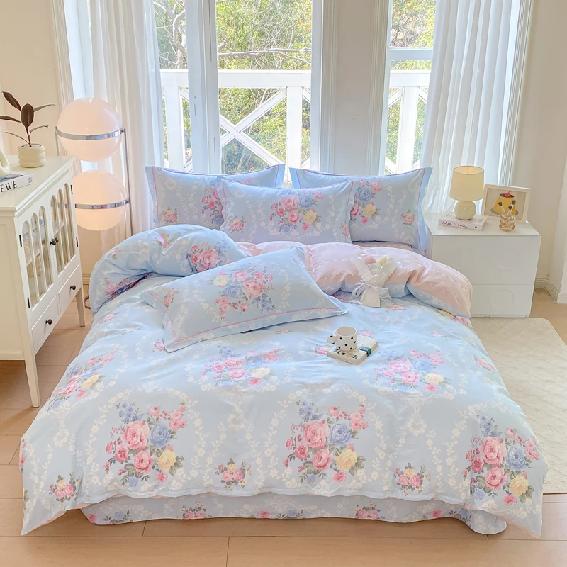 春夏爆款100%纯棉时尚小碎花印花被罩花边床单家纺床上用品四件套
