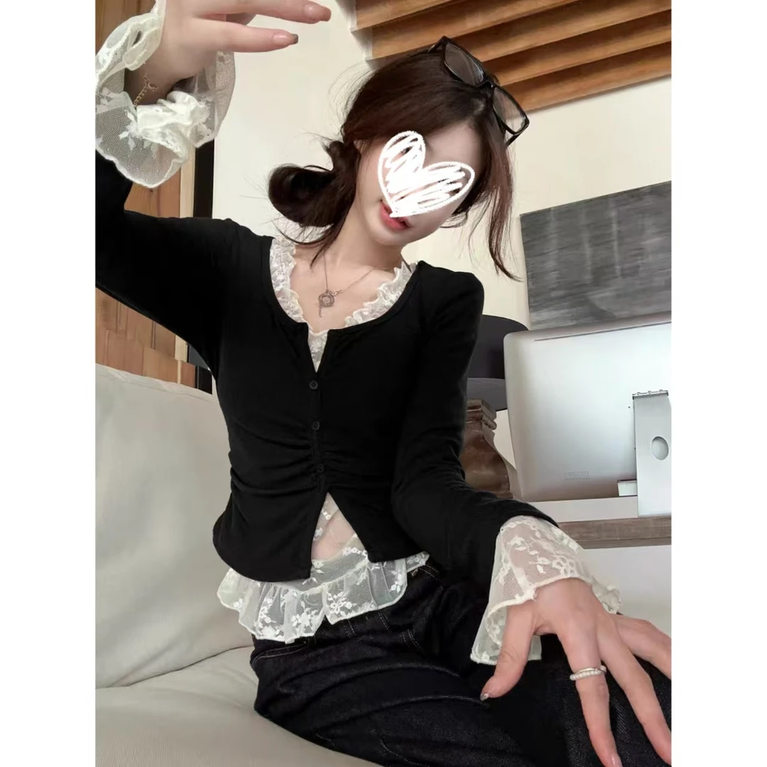 秋季甜美纯欲蕾丝拼接气质长袖T恤女修身显瘦百搭上衣Y5312