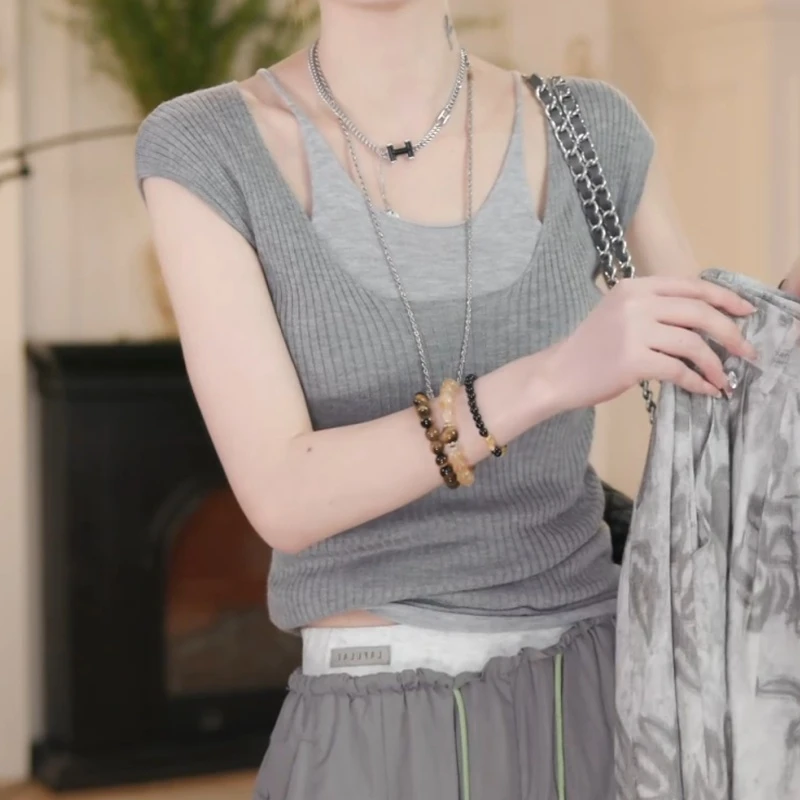 韩系慵懒假两件针织短袖t恤女夏季小个子纯欲风收腰显瘦打底上衣