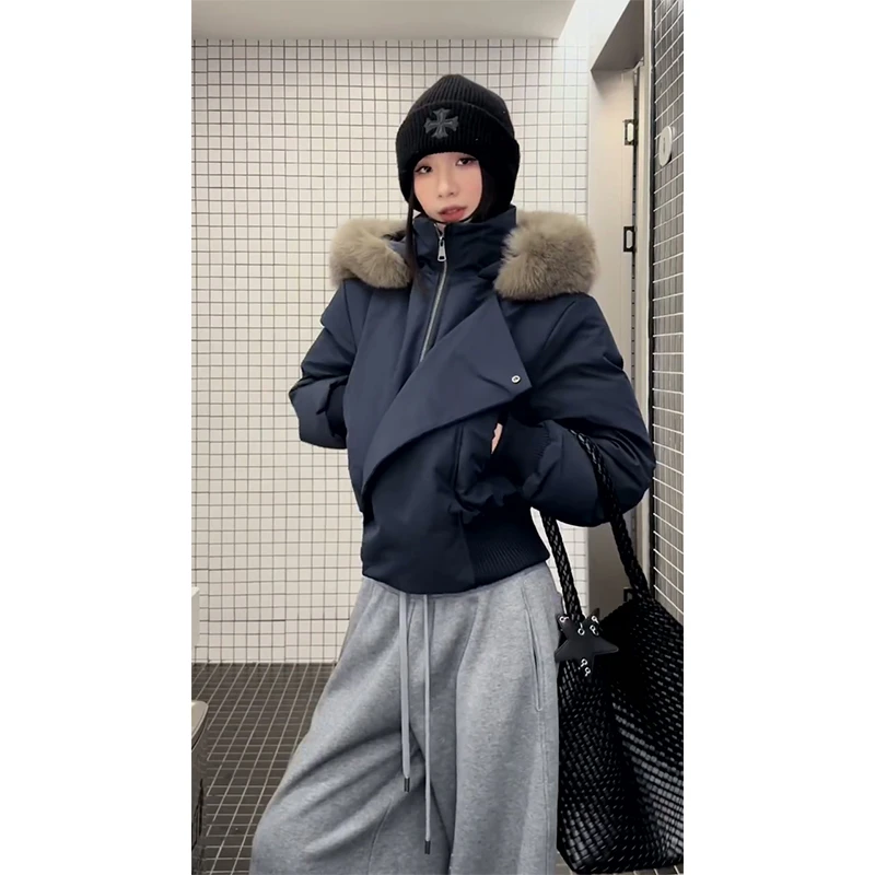 韩系藏青色毛毛领连帽短棉服女2025冬季设计感百搭保暖面包服外套