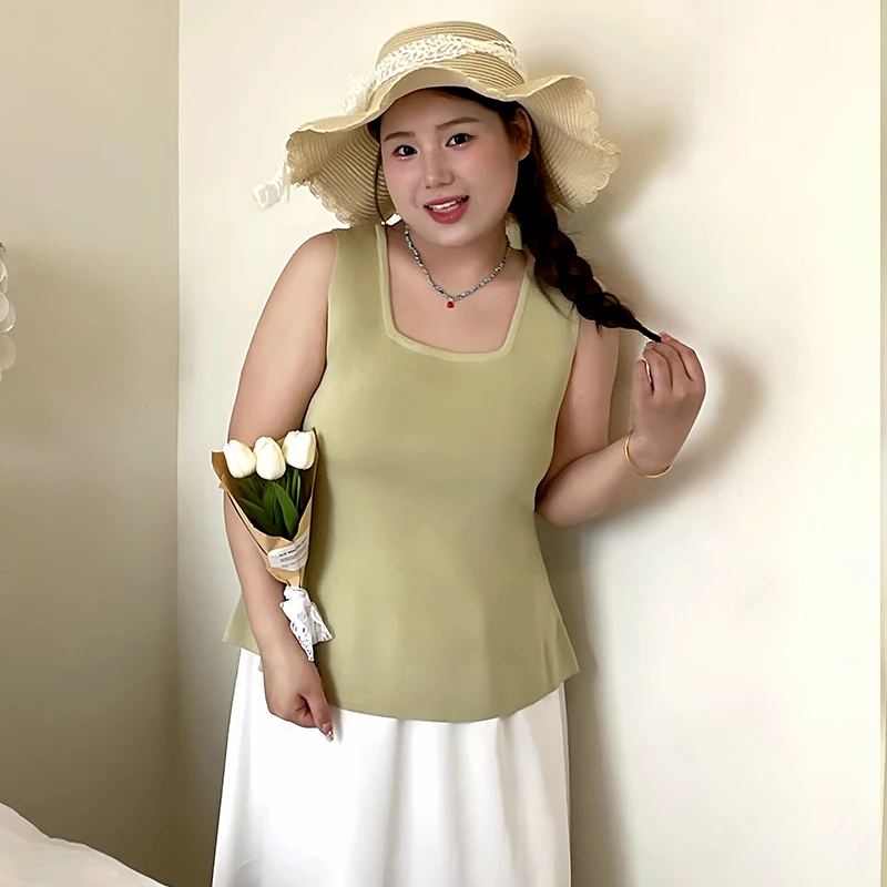 大码女装外穿内搭方领无袖上衣女2025夏款胖mm百搭针织背心22961