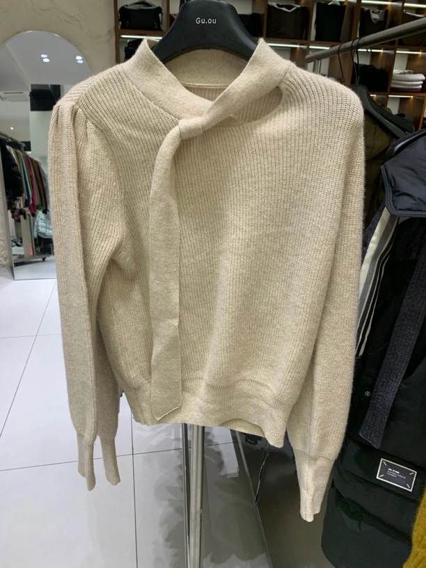 古欧温柔显瘦针织衫上衣女立领长袖8882