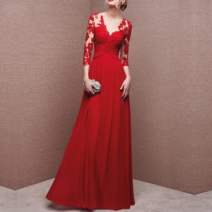 敬酒服2025新款时尚长袖红色新娘结婚礼服长款宴会晚礼服蕾丝优雅