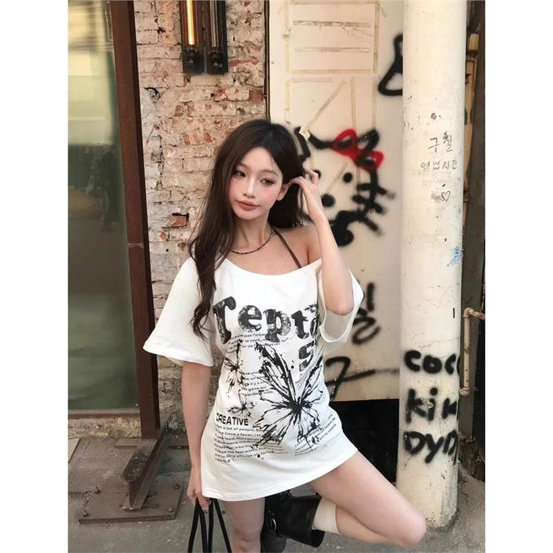 复古印花露肩短袖T恤女2025春季新款设计感时尚宽松百搭小众上衣