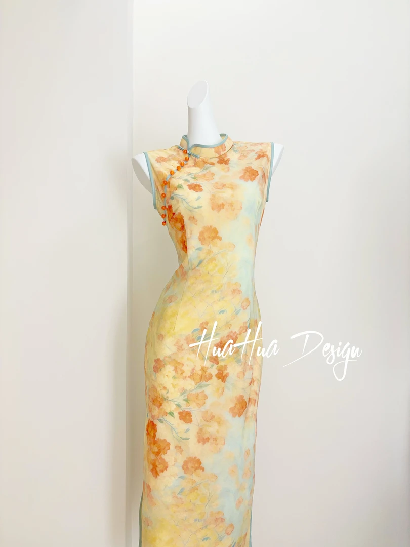 苏故里【听风絮语】植物花卉无袖低领日常新中式旗袍时尚黄