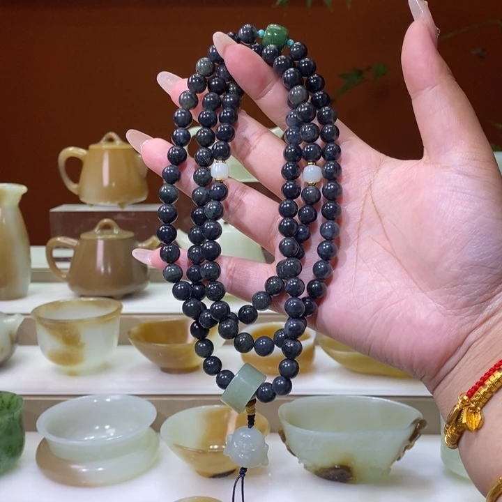 未镶嵌和田玉摆件青花籽聚墨108链福利