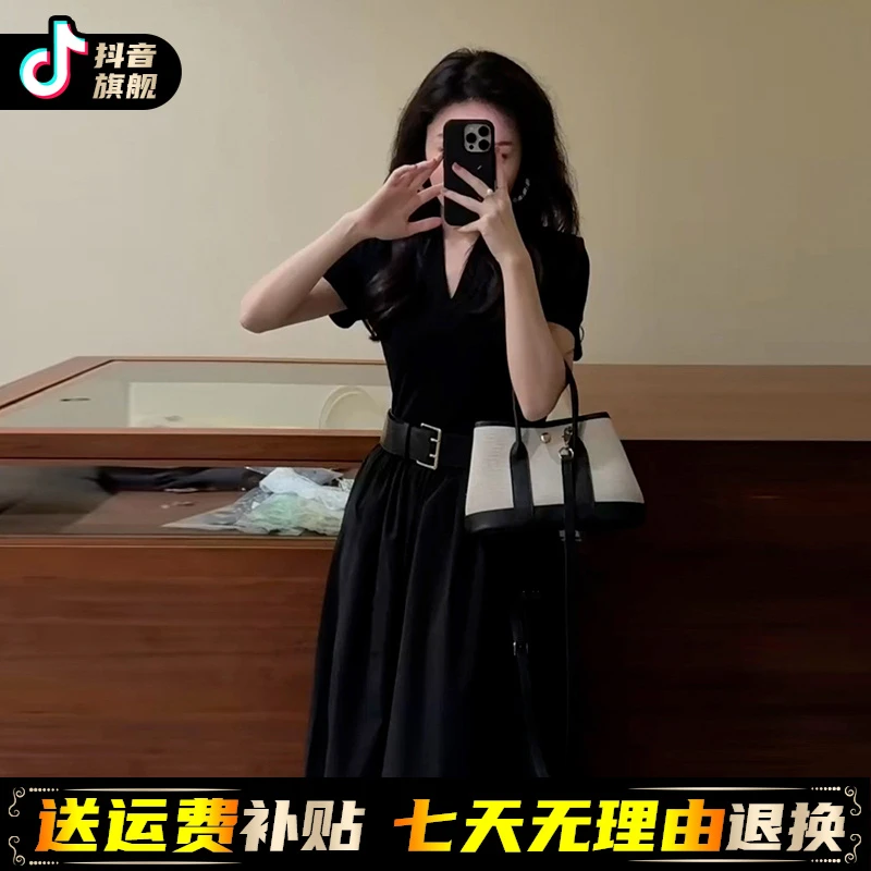 法式赫本风黑色连衣裙子夏季2025新款女装气质高级感收腰显瘦长裙