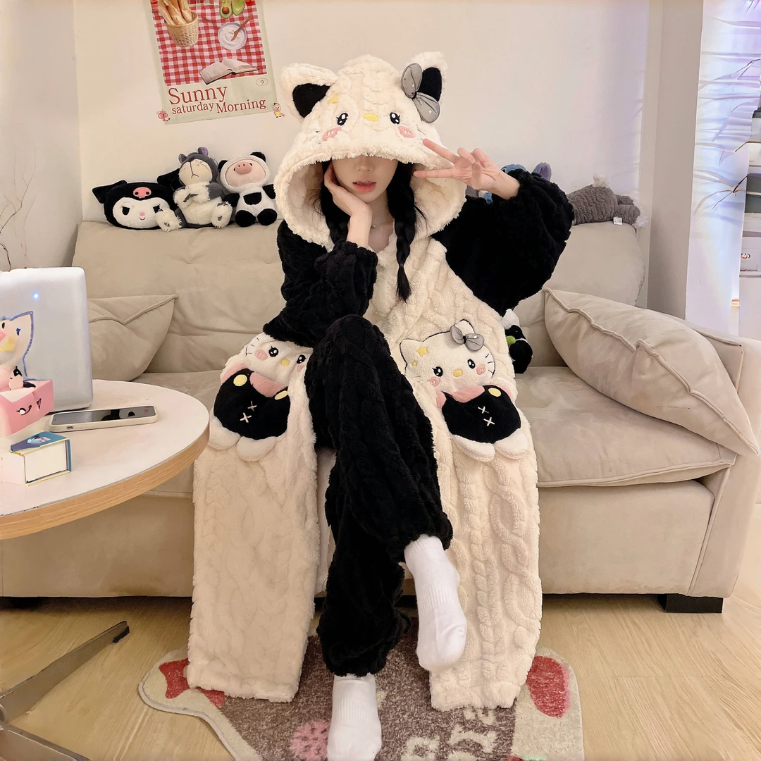 kitty猫睡袍女款珊瑚绒2025新睡衣加绒加厚卡通冬天可外穿家居服