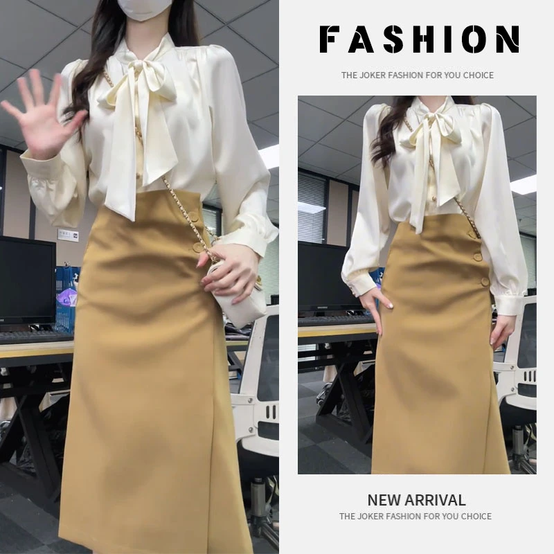 早春一整套女装2025新款韩版围巾领轻熟风衬衫不规则半身裙两件套