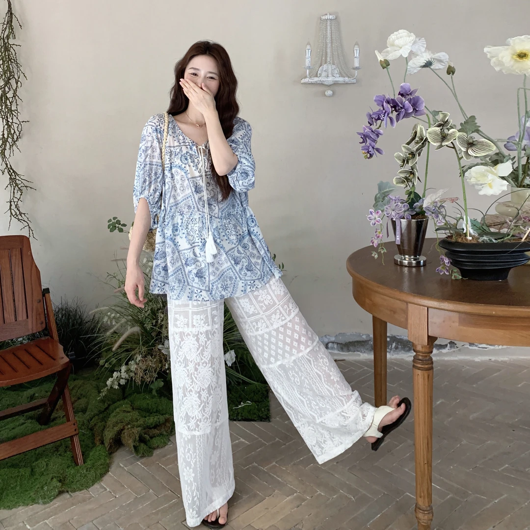 民族风印花衬衫阔腿裤套装女2025夏季新款显瘦今年流行爆款两件套