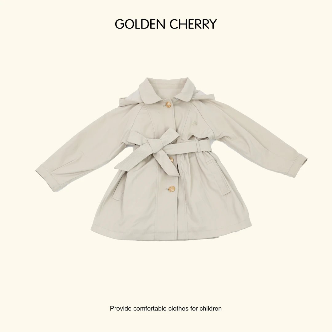 6【Golden cherry】女童粉色gc小标洋气中长款连帽风衣JYT1105