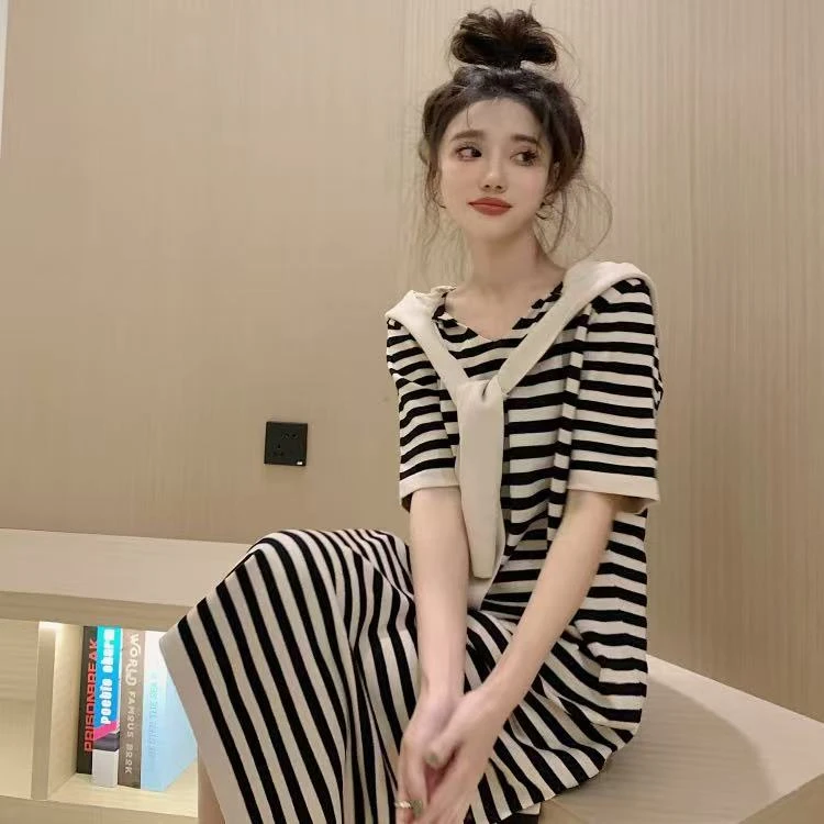 【#60】夏季新款条纹宽松显瘦连帽针织中长款裙子慵懒风休闲连衣裙
