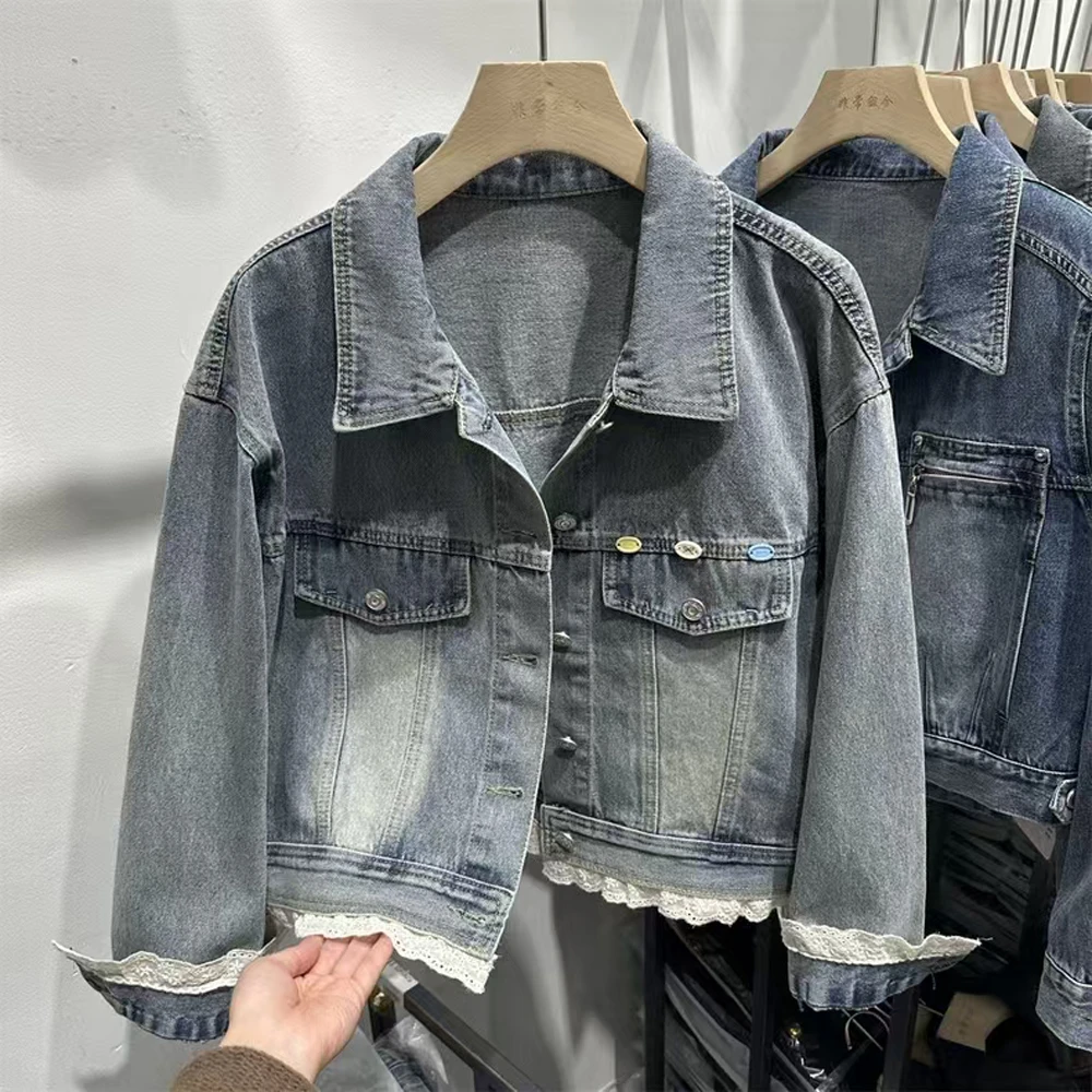 2025秋季新款韩版设计感下摆蕾丝拼接短款牛仔外套女长袖休闲夹克