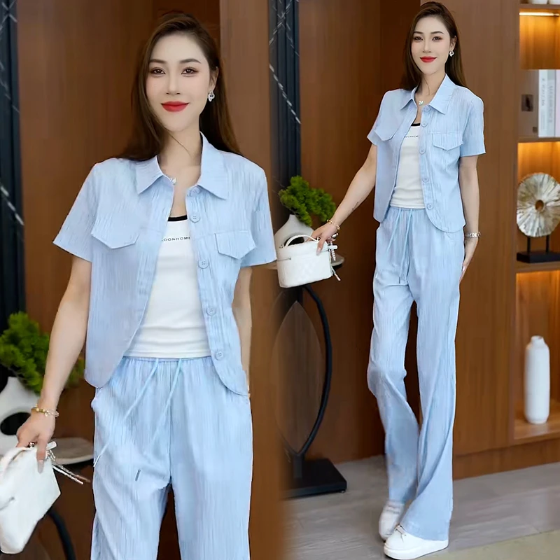 设计感时尚减龄套装女2026年夏季新款翻领上衣直筒阔腿裤两件套潮