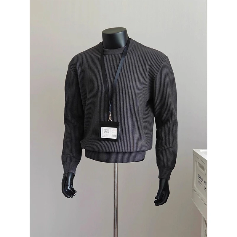 深灰色坑条纹圆领毛衣男款秋季慵懒高级感cleanfit美式正肩针织衫