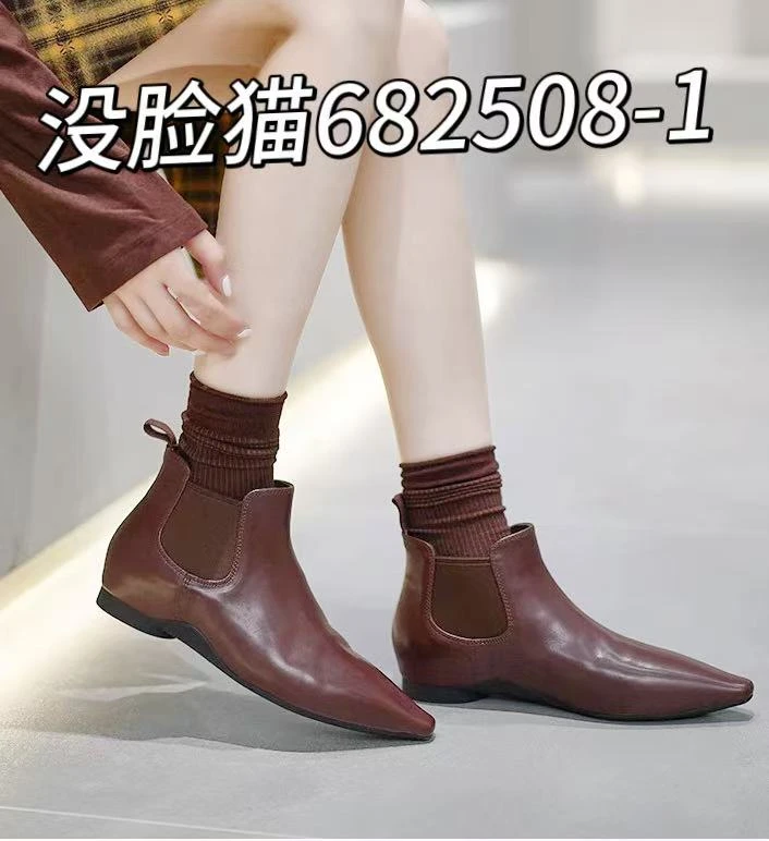没脸猫秋冬真皮软底尖头英伦风休闲百搭时尚短筒短靴682508-1