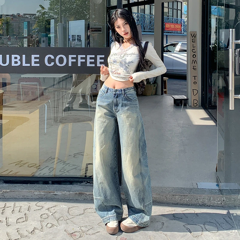 2025美式复古小弯刀裤女做旧拼接设计拖地牛仔裤长裤加长复古蓝长