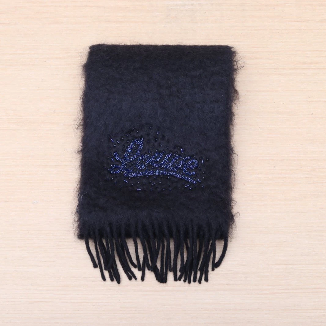 95新 LOEWE/罗意威 小花Jerry活动 黑色 棉马海毛 串珠 围巾