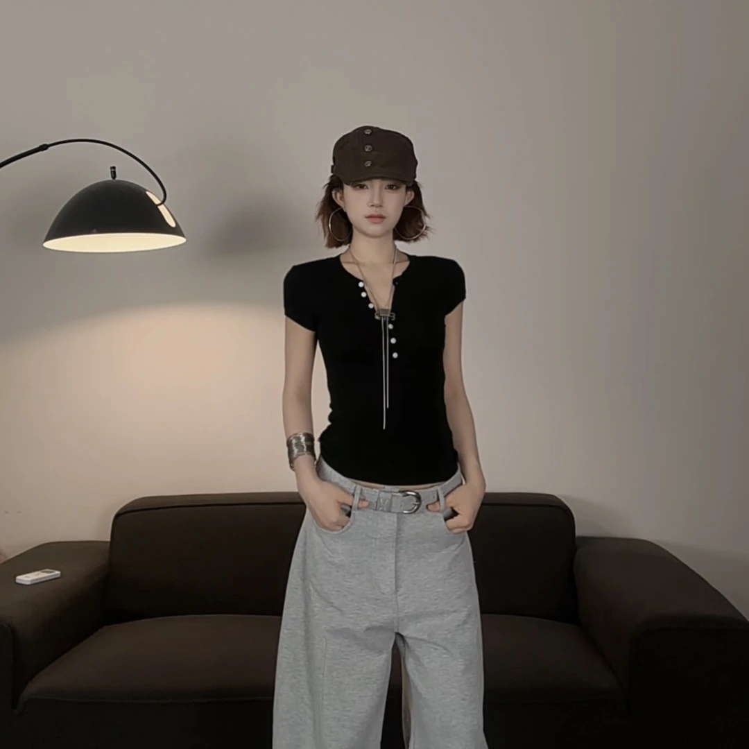 亲肤透气莱赛尔天丝绵羊毛美式亨利领短袖T恤女修身正肩上衣#5031