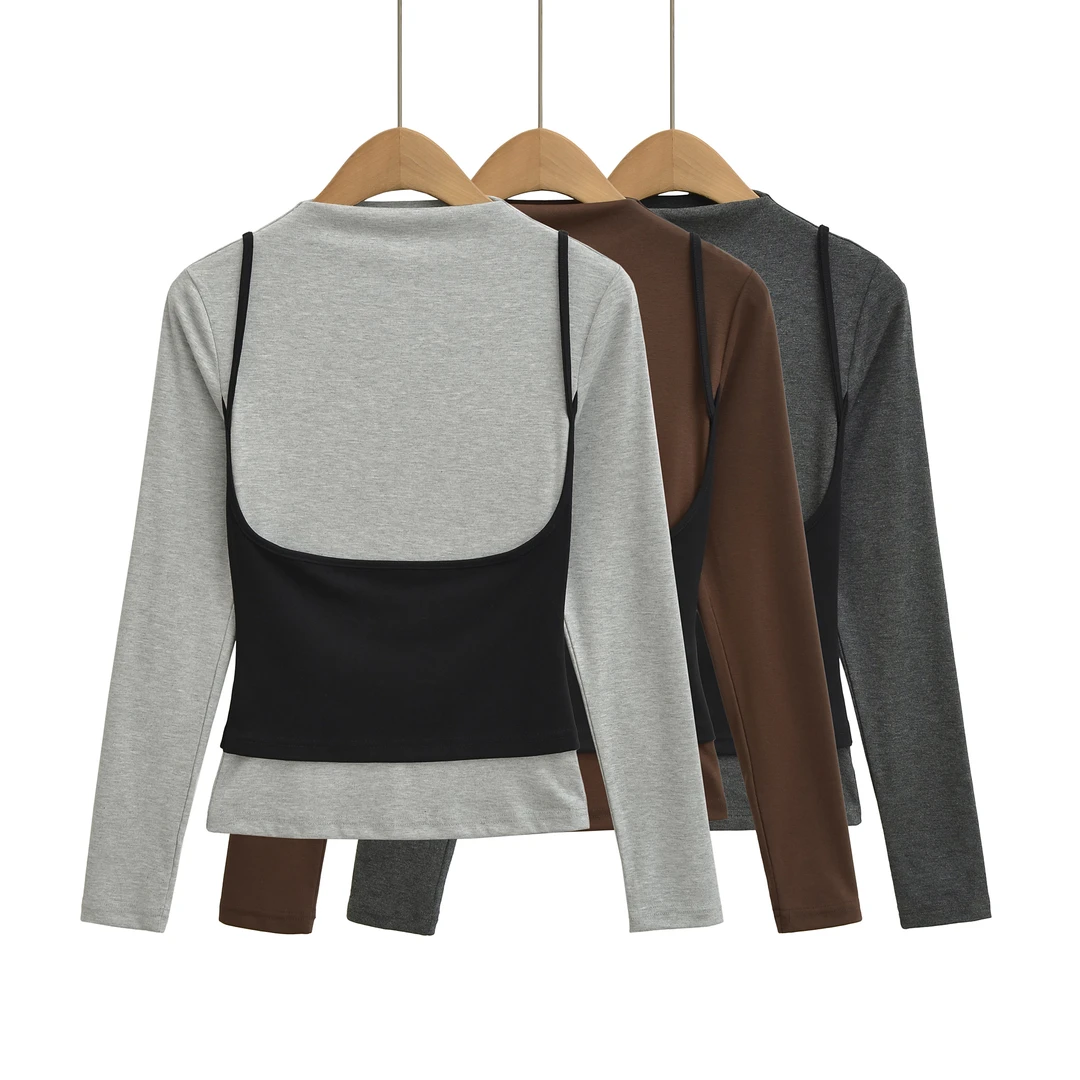 25090美式设计感撞色假两件吊带长袖T恤女秋季修身显瘦打底衫上衣