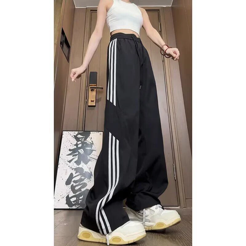 夏季薄款透气冰丝休闲裤条纹运动裤男士潮牌高中生潮流直筒阔腿裤