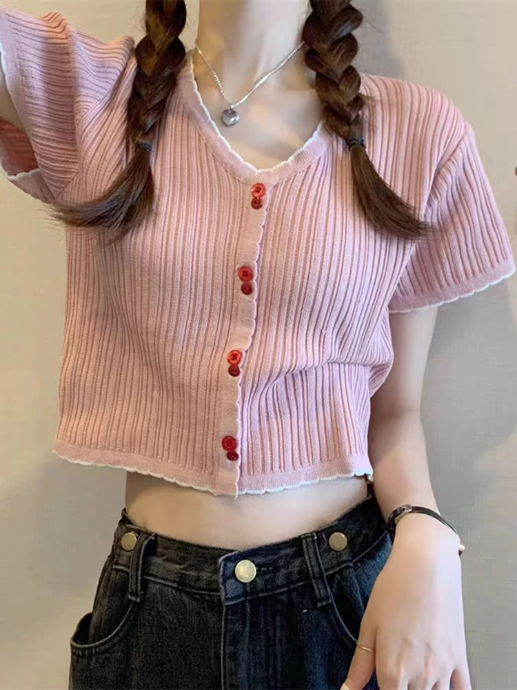 (61-120）针织开衫拼色镂空时尚短袖夏季通勤减龄冰丝t恤上衣女