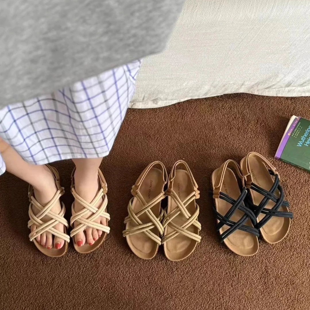 美猫汇编织设计感时尚小众法式慵懒女厚底平底度假休闲罗马凉鞋子