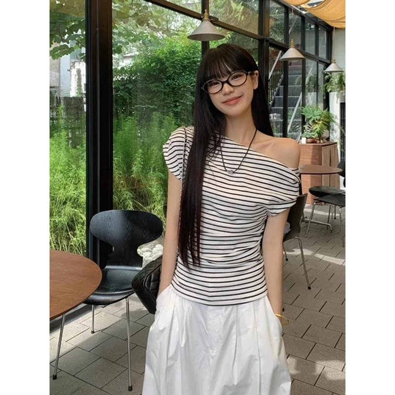 爆品【彩棉罗纹】斜肩短袖T恤女夏季辣妹修身显瘦露肩条纹上